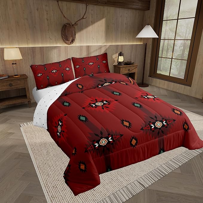 Feelyou Red Southwest Native Comforter Set Western Tribal Bedding Set Queen Size for Kids Boys Girls Teens Room Decor Geometric Boho Comforter Soft Microfiber