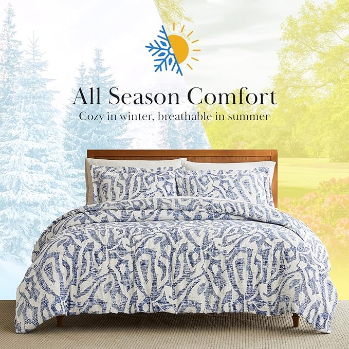Southshore Fine Living, Inc. Full/Queen Sized Comforter Bedding Set, Down Alternative Floral Comforter with Matching Shams, Modern Abstract Prints Bed Spread, Fits Full & Queen Beds, Blue Khari