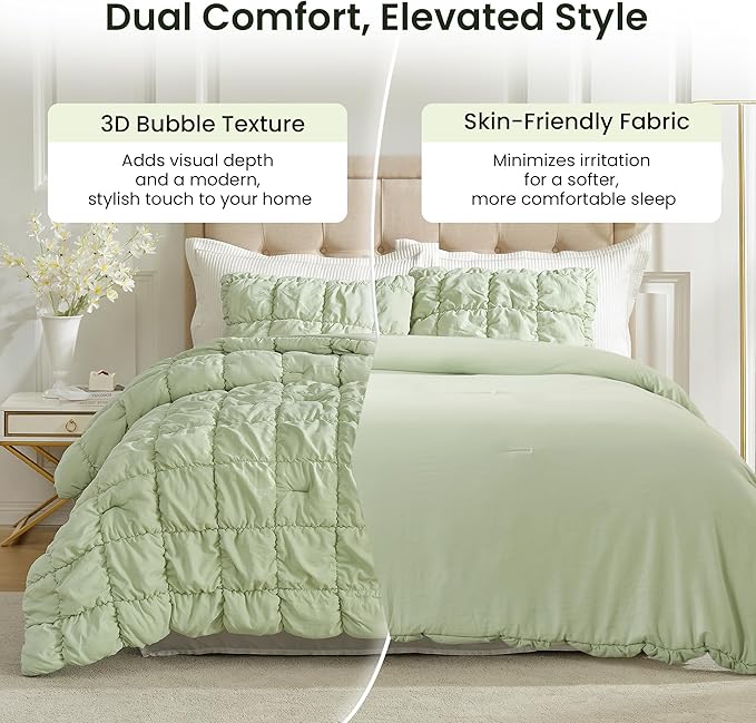 Amélie Home Twin Comforter Set, 2 Pieces Sage Green Bubble Bedding Set for All Season, Ultra Soft Cozy Comforter, Farmhouse Luxury Gift for Women Home Decor