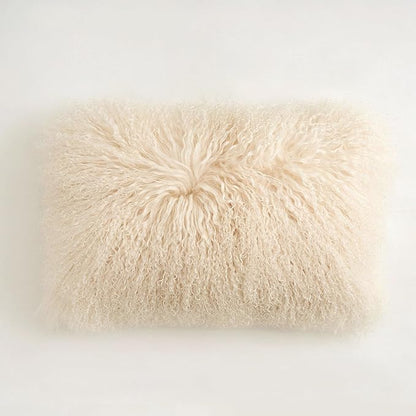 Genuine Mongolian Lamb Fur Pillow Cover – 12"x20" Rectangular Cushion Case – Soft Curly Wool Decorative Accent for Sofa, Bed, or Chair (Beige)