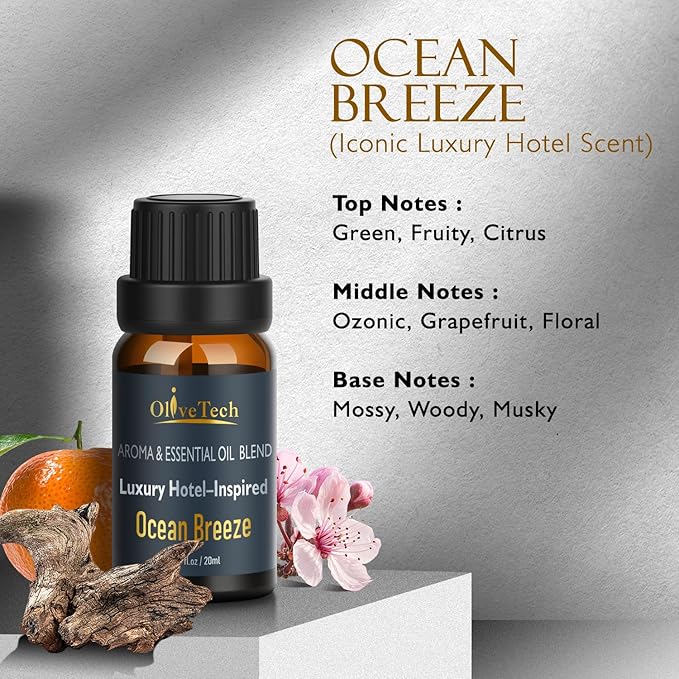 Hotel Diffuser Oil 20ml – Inspired by Iconic Luxury Hotel Ocean Breeze Edition Scent, OliveTech Aromatherapy Fragrance Oil for Cold Air & Ultrasonic Diffusers, Glass Bottle (0.68 fl oz)