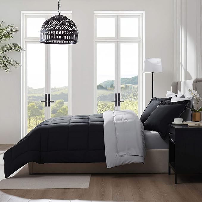 Nestl 7 Piece California King Comforter Set – Black Reversible Bed in a Bag – Complete Cal King Size Bedding Set with Sheets, Pillowcases and Shams