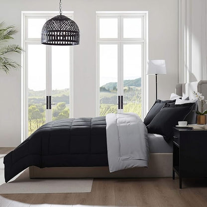 Nestl 7 Piece Full Comforter Set – Black Reversible Bed in a Bag – Complete Full Size Bedding Set with Sheets, Pillowcases and Shams