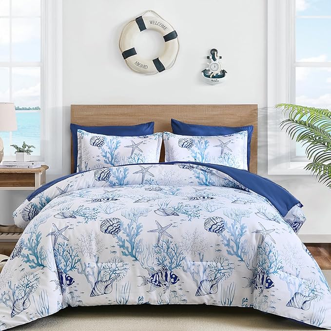 WONGS BEDDING Coastal Queen Size Comforter,7 Pieces Beach Nautical Themed Bed in a Bag Bedding Set,Ocean Coral Starfish Pattern Soft Comforters for All Season, 90"x90"