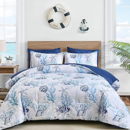 WONGS BEDDING Coastal Queen Size Comforter,7 Pieces Beach Nautical Themed Bed in a Bag Bedding Set,Ocean Coral Starfish Pattern Soft Comforters for All Season, 90"x90"