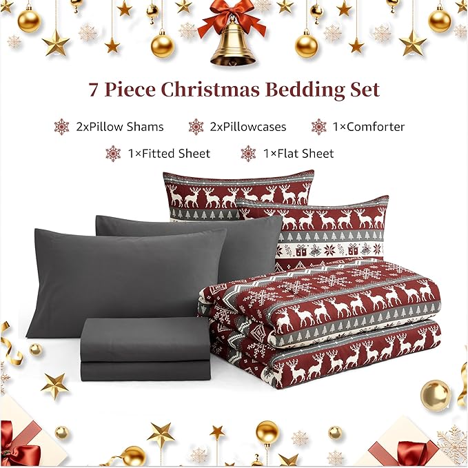 MaiRêve Christmas Queen Comforter Set, Red Reindeer Snowflake Bed Set for Holiday, Reversible Plaid Checkered Comforter Bed in a Bag, Soft Bedding Set 7 Pieces with Sheets, Pillowcases & Shams