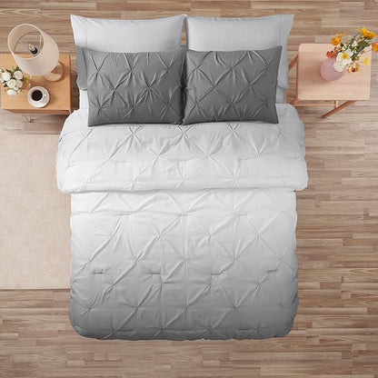 7 Piece Comforter Set Bed in a Bag Ombre Pintuck Design All Season Soft Down Alternative Bedding Comforter Set & Luxurious Matching Bed Sheets & Pillow Shams, Ombre Pintuck Gray, Full