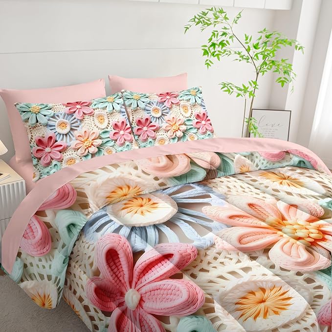 7 Piece Colorful Floral Comforter Set King Size，King Size Teen Girl Floral Bedding Set，(1 Comforter, 1 Flat Sheet, 1 Fitted Sheet, 2 Pillowcase and 2 Pillow Sham)