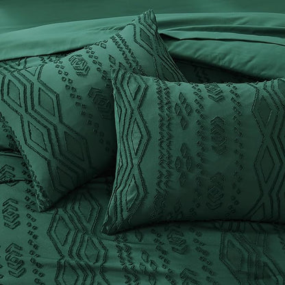 Full Size Comforter Set Emerald Green, Tufted Boho Bedding Dark Green Farmhouse Bed Set, All Season 7 Pieces Bed in a Bag with Sheets, Pillowcases & Shams