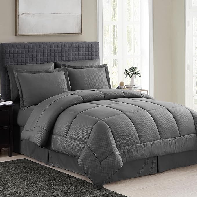 King Size Comforter Set 8 Piece Bed in a Bag with Bed Skirt, Fitted Sheet, Flat Sheet, 2 Pillowcases, 2 Pillow Shams, King, Checkered Gray