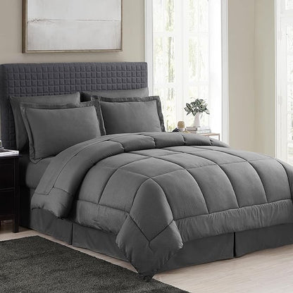 King Size Comforter Set 8 Piece Bed in a Bag with Bed Skirt, Fitted Sheet, Flat Sheet, 2 Pillowcases, 2 Pillow Shams, King, Checkered Gray