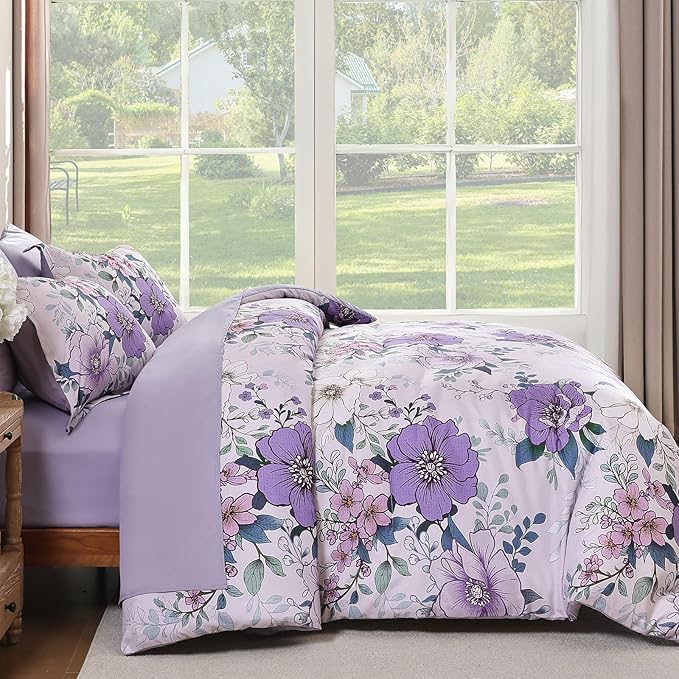 Xruibed Purple Floral Comforter Set King Size 7 Pieces Bed in a Bag Flower Comforter Set with Sheet, Pillowcases, Pillowshams, Soft Microfiber Bedding Set for All Season (King 104''x90'')