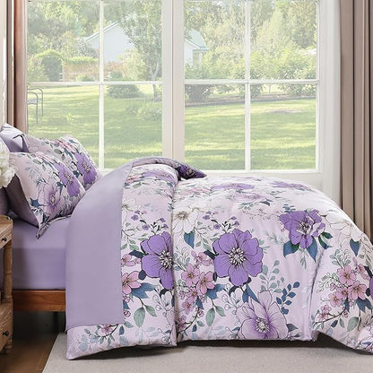 Xruibed Purple Floral Comforter Set King Size 7 Pieces Bed in a Bag Flower Comforter Set with Sheet, Pillowcases, Pillowshams, Soft Microfiber Bedding Set for All Season (King 104''x90'')