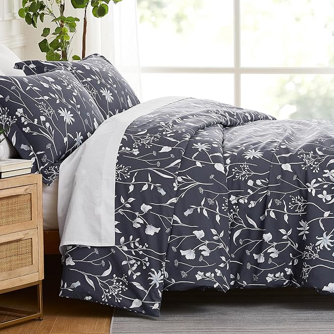 Southshore Fine Living, Inc. 3-Piece Comforter California King Size, Down Alternative All-Season Comforter with Matching Shams, Soft Floral Bedspread for California or King Bed, Secret Meadow Blue