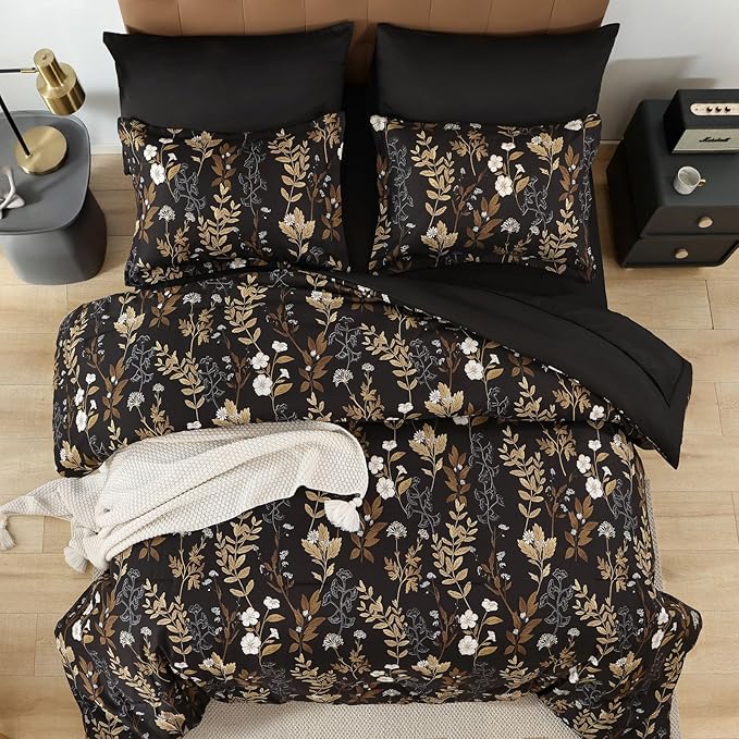 WONGS BEDDING Black and Gold Comforter Set Queen Size,7 Pieces Floral Bed in a Bag Botanical Microfiber Bedding Comforter Sets Soft Lightweight Bed Set with Sheet,Pillowcases&Shams