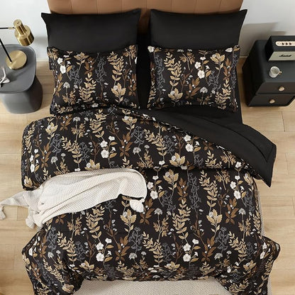 WONGS BEDDING Black and Gold Comforter Set Queen Size,7 Pieces Floral Bed in a Bag Botanical Microfiber Bedding Comforter Sets Soft Lightweight Bed Set with Sheet,Pillowcases&Shams