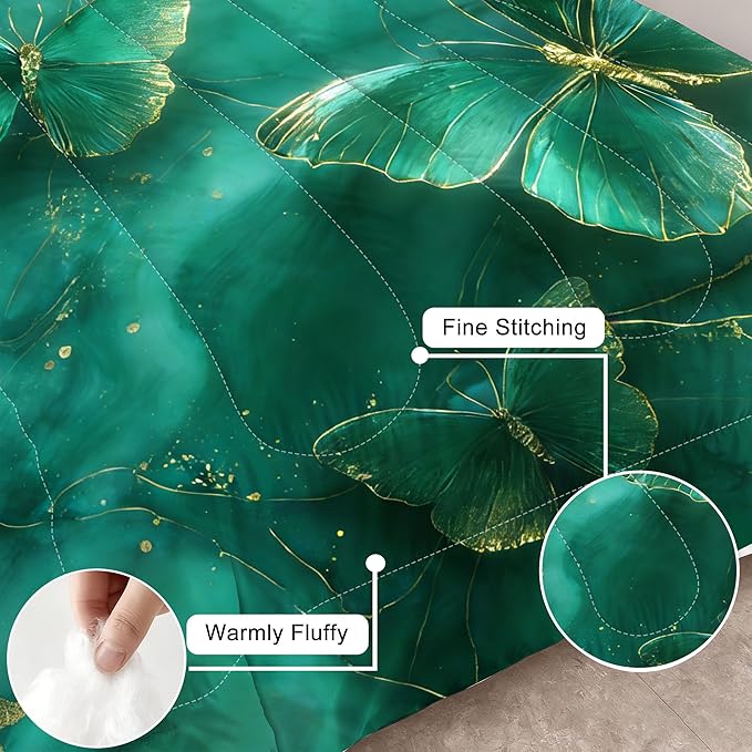 Emerald Green Marble Comforter Set Twin Size Teal Dark Green Marbled Bedding Set Modern Marbling Art Glitter Bedding Giltter Butterflies Quilt Set with 1 Comforter + 1 Pillowcase