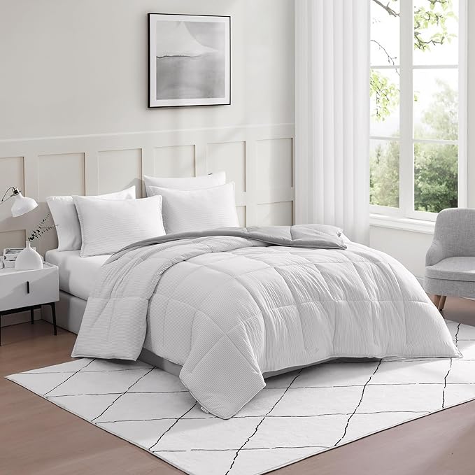 Casa Platino Fluffy Duvet Insert - Pre-Washed Hydro-Brushed 100% Microfiber Comforter Set - Comfy Bedding King Size - Ticking Stripe Silver