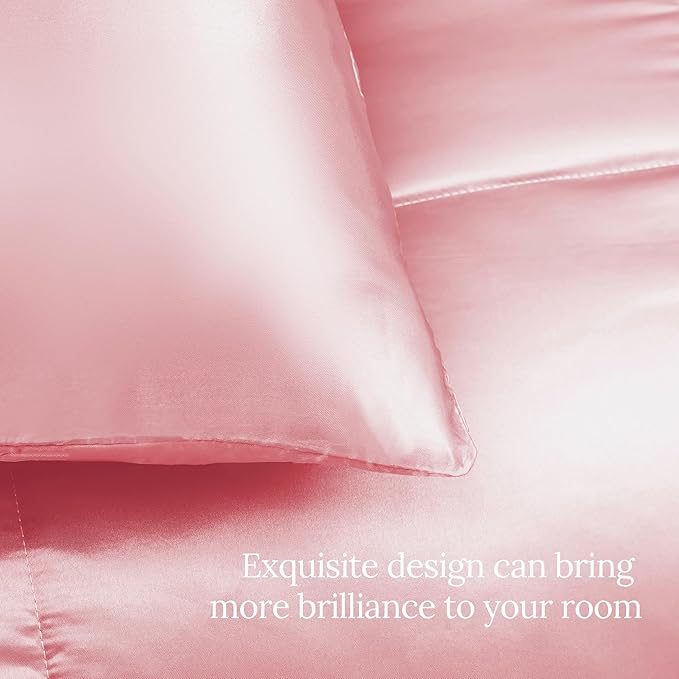 Whale Flotilla 2-Piece Reversible Silky Soft Twin Size Comforter Bedding Set, Luxurious Satin Comforters with Satin Pillowcase, Lightweight Duvet for All Seasons, Pink
