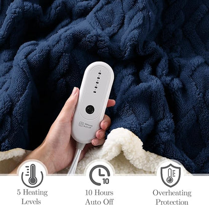 Heating Blanket Twin Size Extra-Thick and Warm Electric Blanket with 10 Hour Auto Off & 5 Heating Levels, 3D Pattern Design and Overheating Protection, Navy Blue
