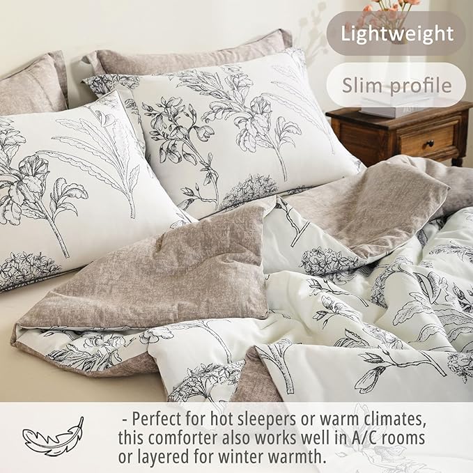 Floral Cotton Comforter King Size 3Pcs - Vintage Design with Luxurious Black Sketched Flowers & Leaves on Cream, Retro Taupe Reversible Lightweight Bedding Sets with Soft Fill(104"×90")