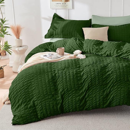 HYMOKEGE Dark Green/Sage Green King Size Comforter Set Seersucker 7 Pieces, All Season Luxury Bed in a Bag for Bedroom, Bedding Set with Comforter, Sheets, Pillowcases & Shams