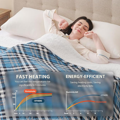 Homemate Electric Blanket Heated Twin Size - 62“x84“ Ultra Soft Cozy Flannel Heating Blanket with 10 Fast Heat Levels 8 Hours Auto Off Over-Heated Protection ETL Certification Keep Warm in Home