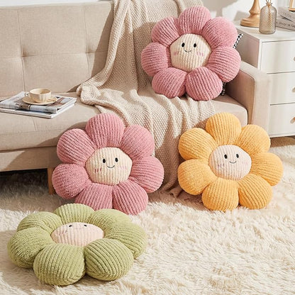 2 Pcs Smile Face Flower Pillows 15" Pink Flower Throw Pillows Decorative Daisy Floor Seating Cushion Aesthetic Cute Seat Cushion for Bed Sofa Couch Home Decor Bedroom Living Room Chair