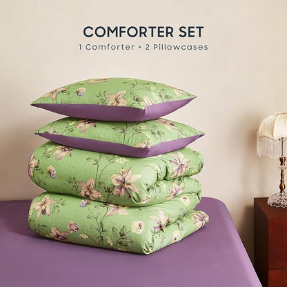 Wake In Cloud - Floral Comforter Set, Cottagecore Cottage Rustic Farmhouse Style with Botanical Flowers and Leaves Pattern, Soft Lightweight Bedding, 3-Piece, Green Purple, Full Size