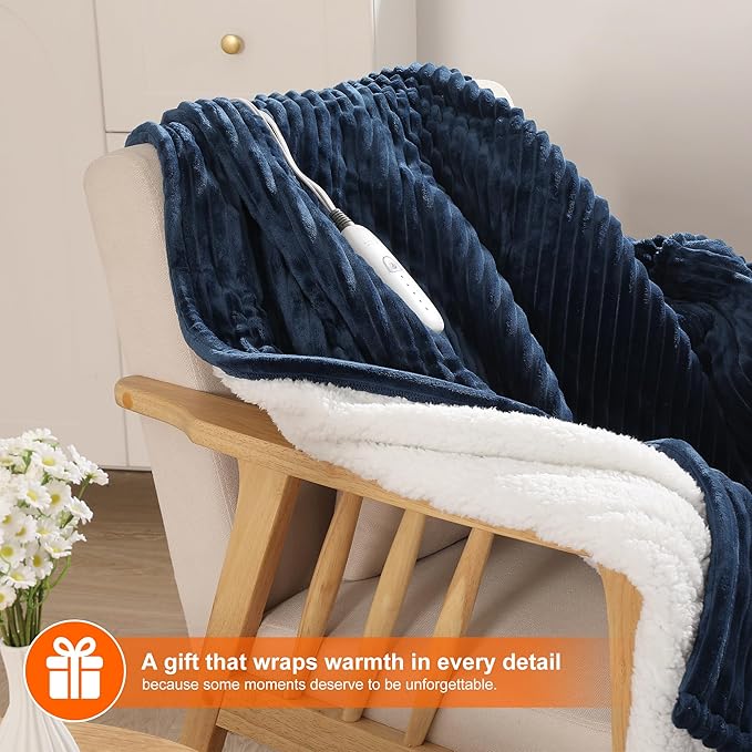 Electric Blanket Full Heated Blanket Full Size - Striped Flannel & Thick Sherpa, 5 Heat Settings & 10 Hour Auto Off with FCC/ETL Certified, Overheat Protection & Machine Washable, Navy Blue 72"x84"