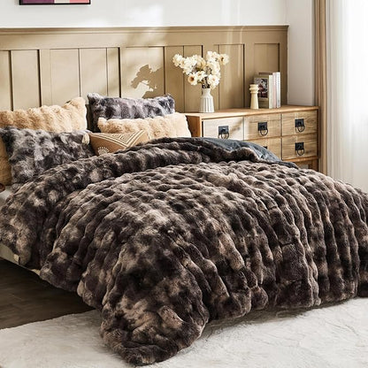 Lotus Karen Faux Fur Queen Comforter Set – Tie-Dye Dark Gray Fluffy Comforter Queen Size, Big Bubble Faux Rabbit Fur Bedding Comforter Sets, Cozy Fuzzy Bed Set 3 Pieces, 1 Comforter and 2 Pillowcases