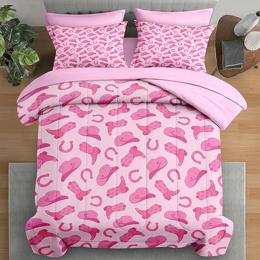 Comforter Set Queen Size, Pink Cowboy Cowgirl 7 Pcs Bedding for Kids and Adults, Cute American Western Bed Sheet Sets with Fitted Sheet 2 Pillowcases & 2 Shams