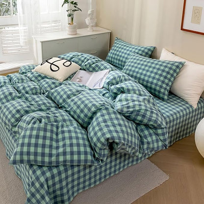 HighBuy Turquoise Gingham Comforter Set Full Vintage Chic Plaid Grid Printed Bedding Comforter with 2 Pillowcases,Fluffy Soft Checkered Comforter Set Plaid Bedding Sets 3 Pieces,Breathable