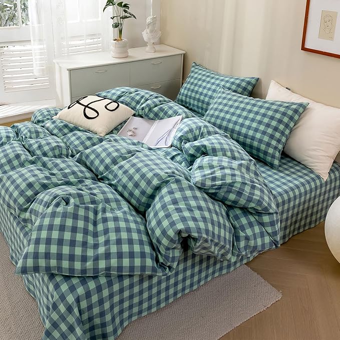 HighBuy King Comforter Set Turquoise Gingham Comforter for Women Men,Modern Geometric Plaid Comforter Set Fluffy Soft Grid Gingham Bedding Set Checkered Pattern Comforter with 2 Pillowcases