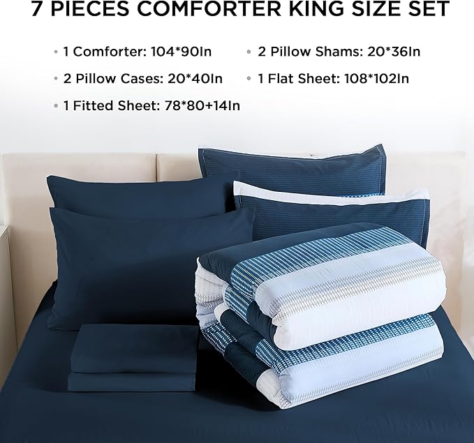 Andency King Comforter Set Navy - 7 Pieces Striped Bed in a Bag, Soft Microfiber All Season Patchwork Bedding Set with Comforter, Fitted & Flat Sheet, Pillowcases & Shams