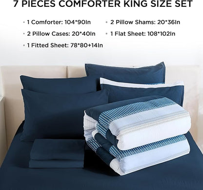 Andency King Comforter Set Navy - 7 Pieces Striped Bed in a Bag, Soft Microfiber All Season Patchwork Bedding Set with Comforter, Fitted & Flat Sheet, Pillowcases & Shams