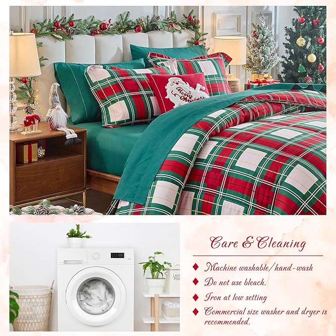 Tititada Christmas Plaid Bed in a Bag 7 Pcs King Size, Green and Red Buffalo Grid Bedding Comforter Set Warm for Winter(1 Comforter, 1 Flat Sheet, 1 Fitted Sheet, 2 Pillow Shams, 2 Pillowcases)
