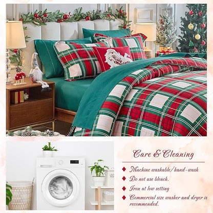 Tititada Christmas Plaid Bed in a Bag 7 Pcs King Size, Green and Red Buffalo Grid Bedding Comforter Set Warm for Winter(1 Comforter, 1 Flat Sheet, 1 Fitted Sheet, 2 Pillow Shams, 2 Pillowcases)