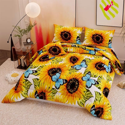 6 Pieces Sunflower Comforter Sets,3D Pattern with Sunflower Blue Butterflies,Decorative 6 Piece Bedding Sets with Comforter,Flat Sheet,Fitted Sheet,Throw Pillow Cover,Pillow Shams,Twin Size