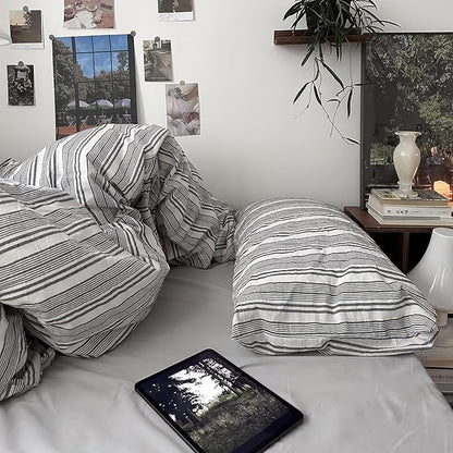 mixinni Vintage Grey & White Striped Comforter Set Full Size - Soft Washed Cotton 3-Piece Neutral Bedding Set, Retro Geometric Pattern, All-Season Breathable & Fluffy for Men, Boys