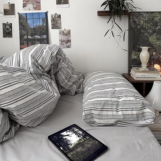 mixinni Vintage Grey & White Striped Comforter Set Queen Size - Soft Washed Cotton 3-Piece Neutral Bedding Set, Retro Geometric Pattern, All-Season Breathable & Fluffy for Men, Boys