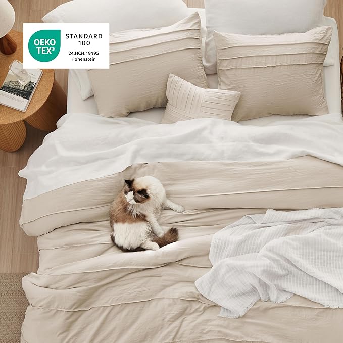 Bedsure California King Comforter Set - 4 Pieces Pinch Pleat Bed Set, Linen Boho Bedding for All Season, 1 Soft Comforter, 2 Pillowcases, 1 Decorative Pillow