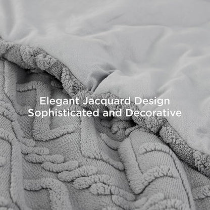 Bedsure Queen Fluffy Comforter Set, Grey Plush Fleece Bed Set, Luxury Jacquard Farmhouse Boho Soft Warm Bedding for Winter, 3 Pieces, 1 Comforter (90"x90") and 2 Pillowcases (20"x26")