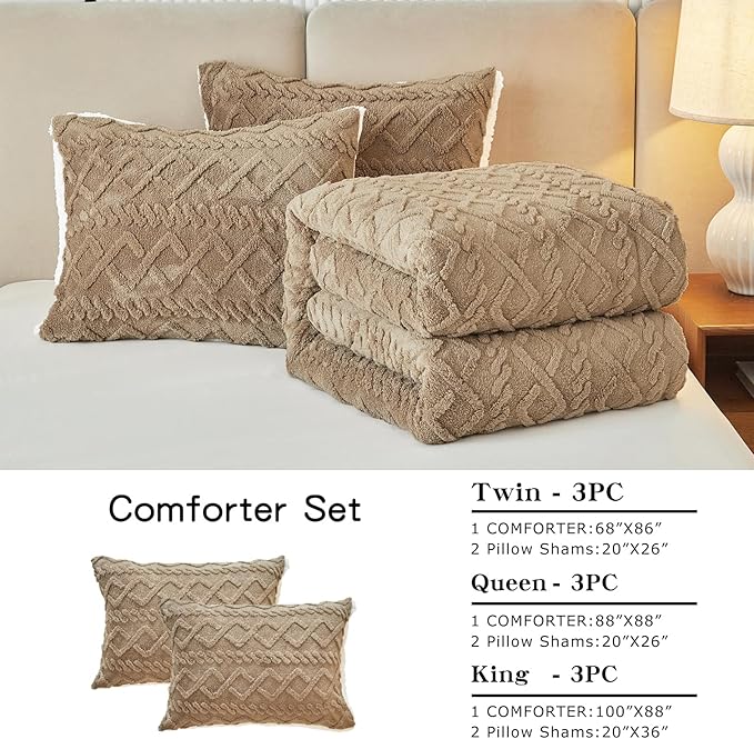 Joyreap 3-Piece Fluffy Faux Fur Sherpa Comforter Set Coffee, King Size Luxury Tufted Bedding Comforter Set, All Season Soft n Cozy Plush Comforter Bed Set- 100x88 inches
