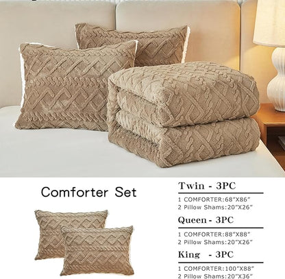 Joyreap 3-Piece Fluffy Faux Fur Sherpa Comforter Set Coffee, King Size Luxury Tufted Bedding Comforter Set, All Season Soft n Cozy Plush Comforter Bed Set- 100x88 inches