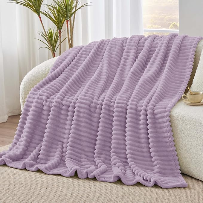 BEDELITE Fleece Throw Blanket for Couch - 300GSM Soft & Warm Fluffy Lilac Blanket, Decorative and Giftable Striped Blankets for Women, Men, 50"x60"