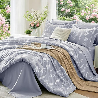 MUXHOMO Light Grey King Comforter Set, Elegant Floral Print Bed in a Bag 7 Pieces, Ultra Soft & Breathable Reversible Botanical Pattern Bedding Set with Comforter, Sheets, Pillowcases, and Shams