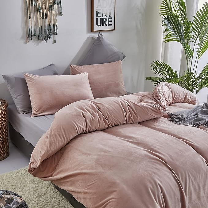 Pureant Pink Velvet Comforter Sets Twin Women Girls Blush Pink Fluffy Bedding Comforters Adults Teens Cute Dusty Pink Winter Quilts Solid Light Red Flannel Quilt Bean Pink Micromink Sherpa Plush Bed