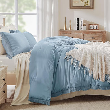 Andency Grayish Blue Comforter Set King Size, 3 Pieces Boho Tassel Lightweight Bedding Comforter Sets, All Season Soft Fluffy Fringe Bed Set (104x90In Comforter & 2 Pillowcases)