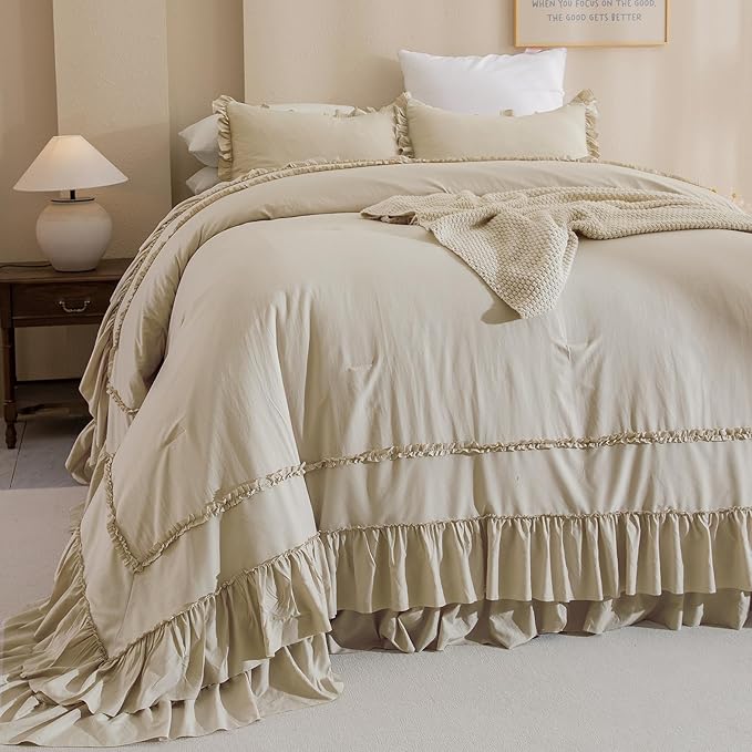 QSH Wheat Oversized King Comforter Set 120x120, Farmhouse Ruffled Bedding Comforter French Country Shabby Vintage Bed Comforter Microfiber Soft Lightweight Fluffy Bedding 3 PCs